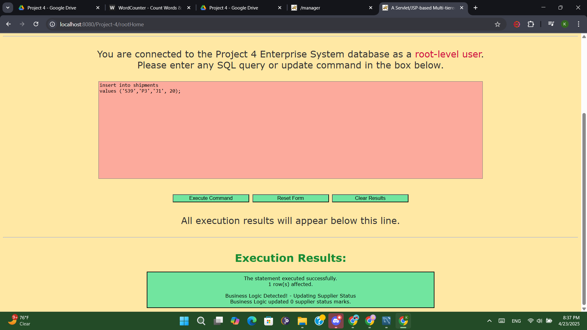 SQL web app interface for root-level users with a successful execution result.