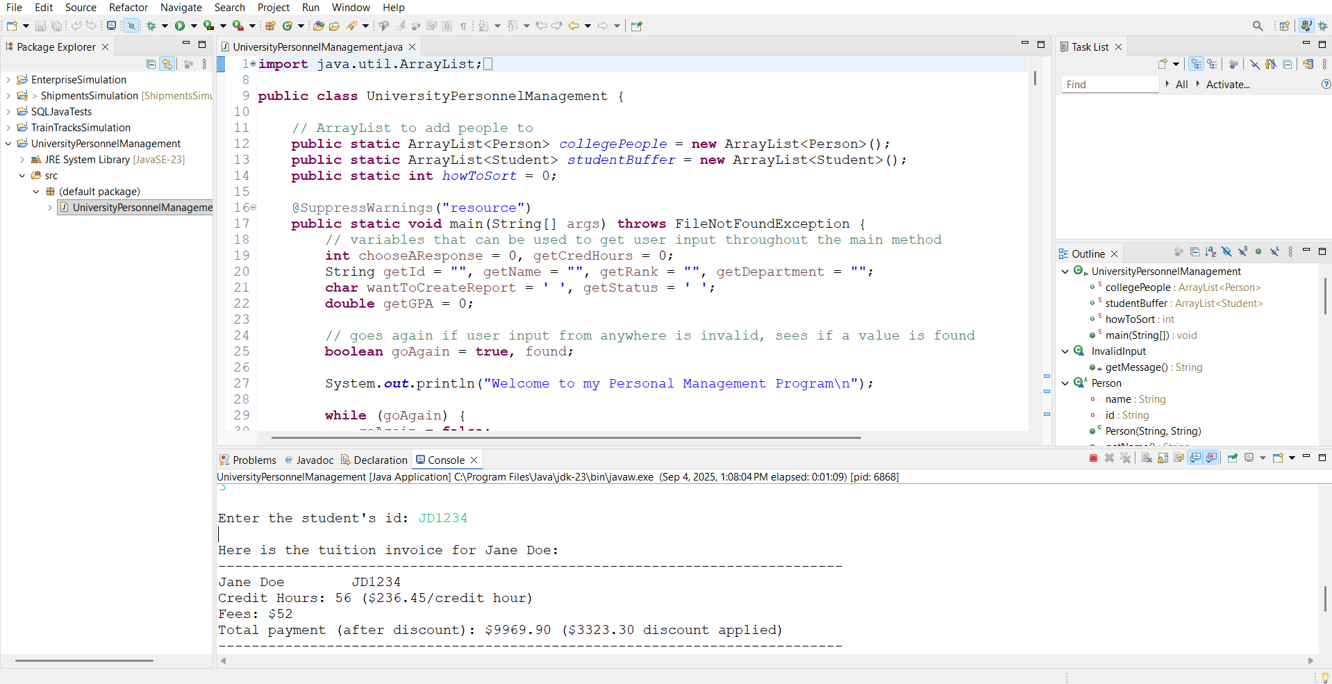 Java source code for the personnel program in the Eclipse IDE with console output.
